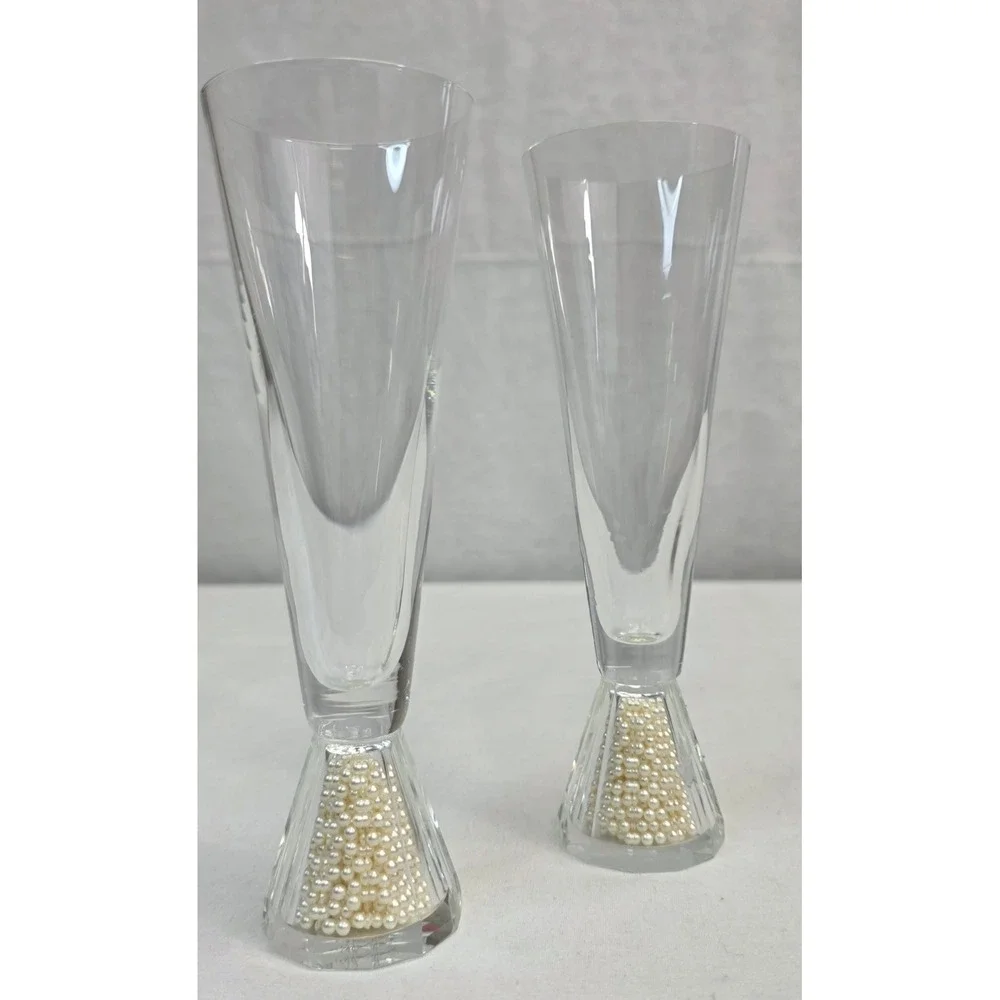 Pair of Faux Pearl Filled Base Champagne Flutes Wedding Toasting Glasses